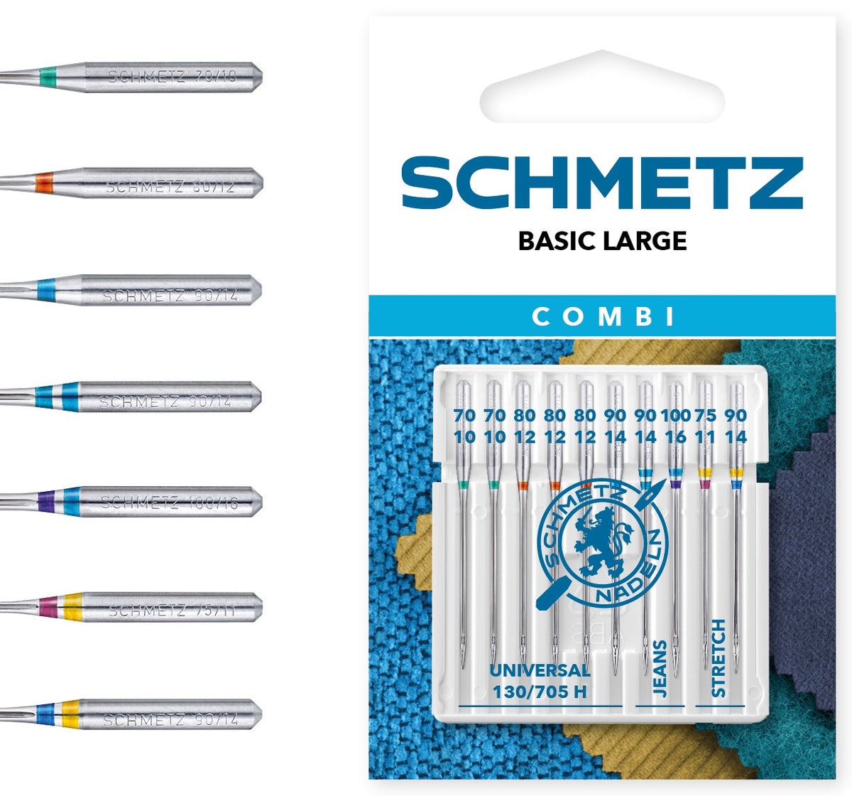 Schmetz Combi Basic Large Sewing Machine Needles Universal, Denim and Stretch (10 Pieces)