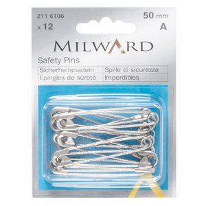 Milward Haberdashery Safety Pins Silver 50mm 12 Pieces
