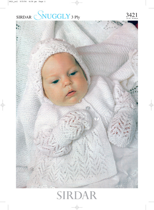 Sirdar Pattern 3421 - Baby matinee coat, bonnet mittens & shawl-Snuggly 3 ply - Product image