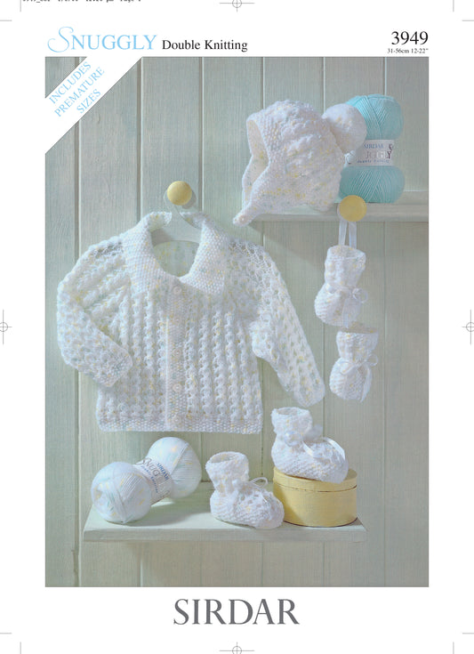 Sirdar Pattern 3949 - Baby jacket, hat, booties & mittens-Snuggly DK - Product image