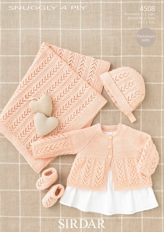 Sirdar Pattern 4508 - Coat, bonnet, booties & blanket-Sirdar snuggly 4 ply - Product image