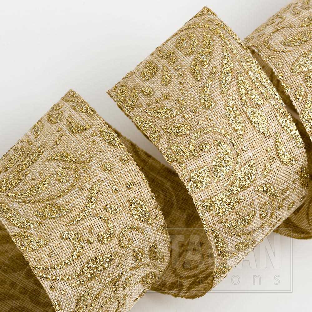 Gold Lurex Leaf Scroll Hessian Ribbon 38mm x 10m