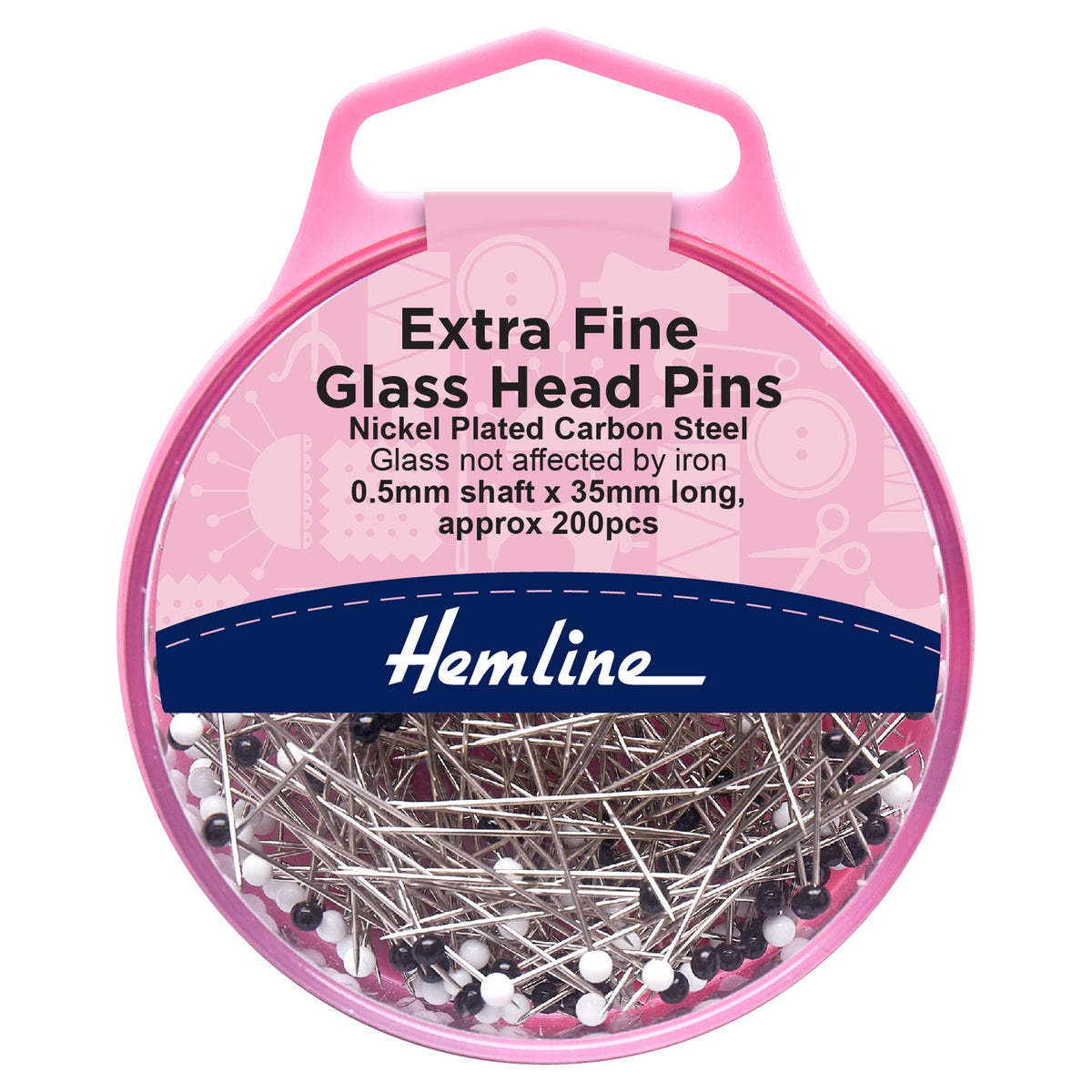 Hemline Glass Head Pins Nickel 35mm Extra Fine (200 Pieces)