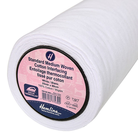 Hemline Fusible Woven Cotton Interfacing Medium White 90cm Wide (Per Metre)