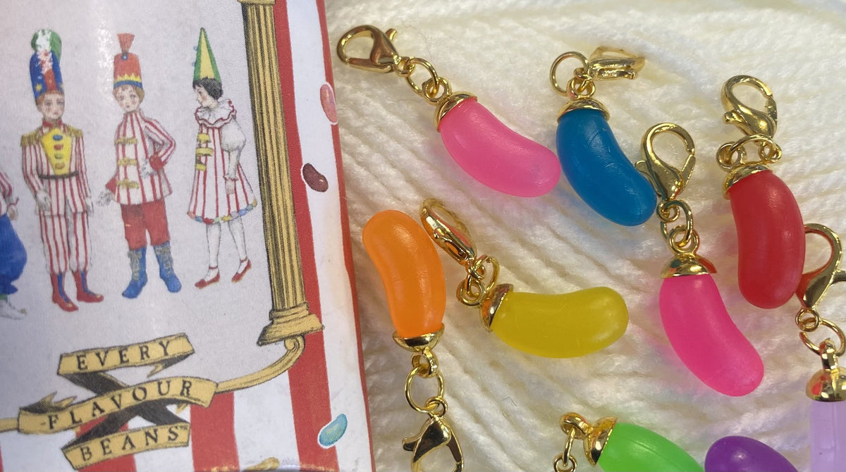 Bertie Bott's Every Flavour bean stitch markers from the Harry Potter Crochet Along kit