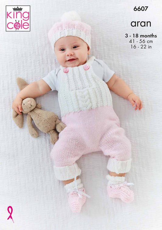King Cole Pattern 6607 - Cardigan, Dungarees, Hat and Bootees in Cherished Aran