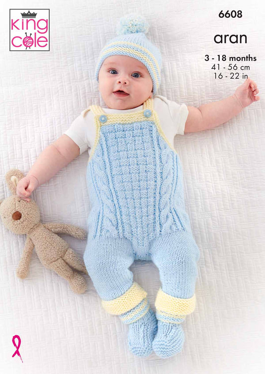 King Cole Pattern 6608 - Dungarees, Jacket, Hat and Bootees in Cherished Aran