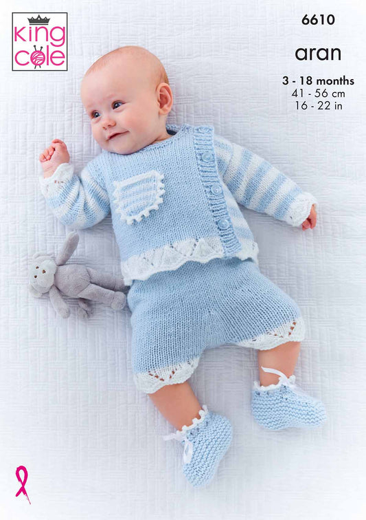 King Cole Pattern 6610 - Cardigan, Pants, Top and Bootees knitted  in Cherished Aran