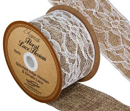 Floral Lace Hessian Stitched Edge 50mm x 4.57m - White